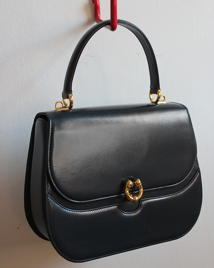 vintage navy gucci calfskin handbag with gold hardware