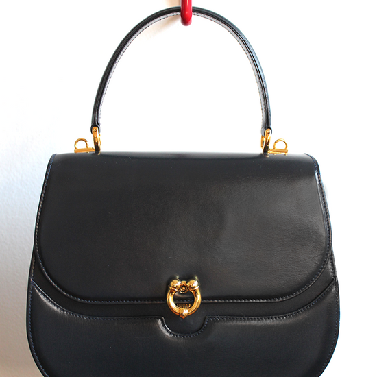 vintage navy gucci calfskin handbag with gold hardware