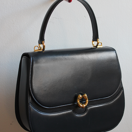 vintage navy gucci calfskin handbag with gold hardware